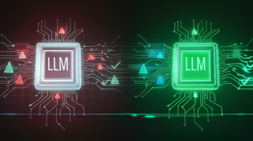 A comparison matrix showing logos of major LLMs (GPT, Claude, Llama, Gemini) with checkmarks and crosses under various performance and cost categories.