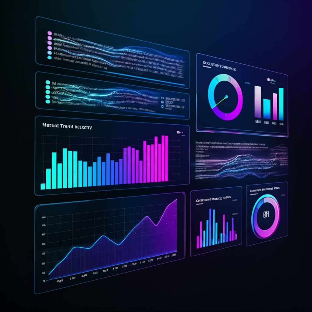 a futuristic market analysis dashboard with LLM output graphs showing market trends and competitor movements