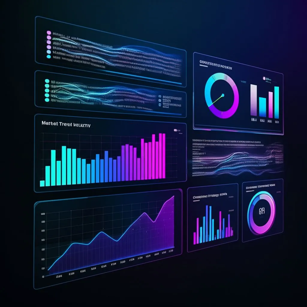 a futuristic market analysis dashboard with LLM output graphs showing market trends and competitor movements