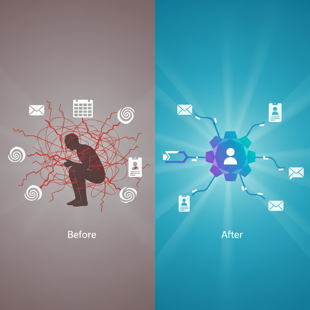 A flowchart diagram showing how Make connects various apps like CRM, email, and notification tools to automate a customer inquiry workflow.