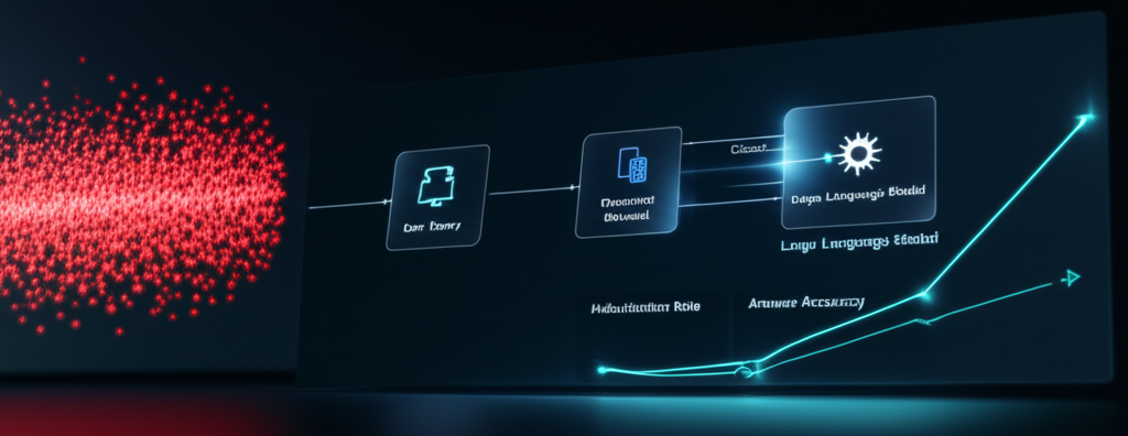 An infographic illustrating the RAG process: User query -> Embedding -> Vector DB search -> Relevant context retrieval -> LLM generation -> Final answer, showing a data flow.
