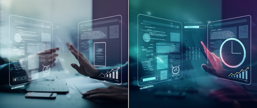 A dashboard showing key performance indicators (KPIs) like "Information Retrieval Time Reduced," "Cost Savings," and "Employee Satisfaction," demonstrating the positive impact of the LLM knowledge base.