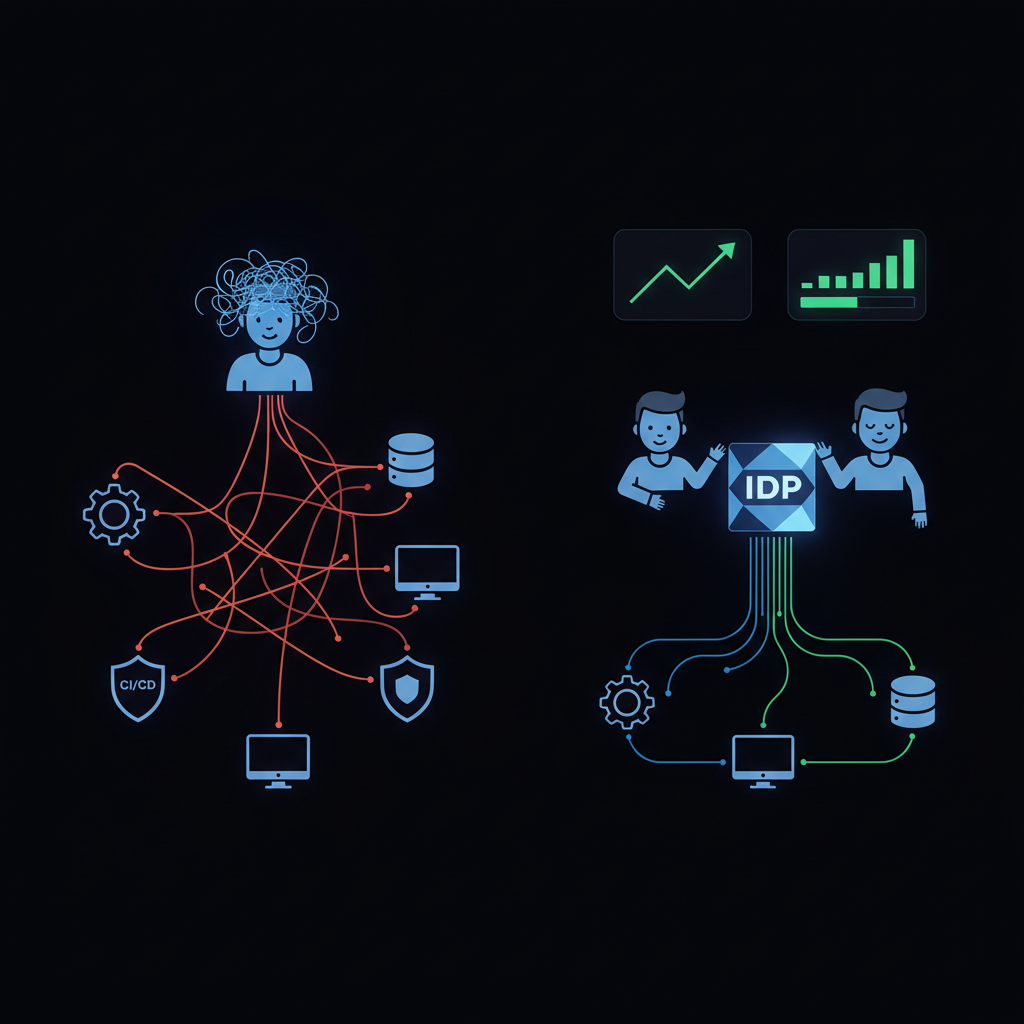 A layered diagram illustrating the components of an Internal Developer Platform (IDP), showing foundational infrastructure, platform services, and developer tooling on top.
