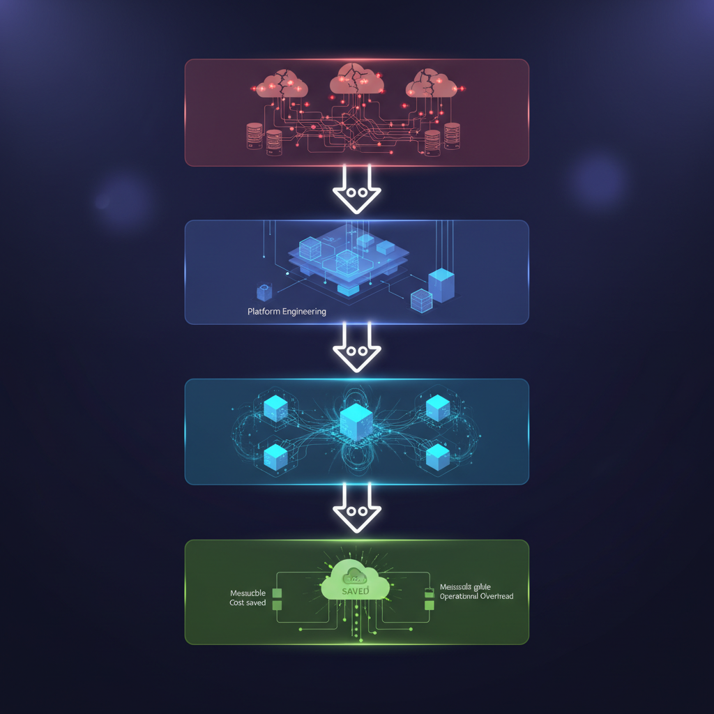 A complex network diagram illustrating interconnected microservices, with an AI bot icon overseeing and optimizing the flow.