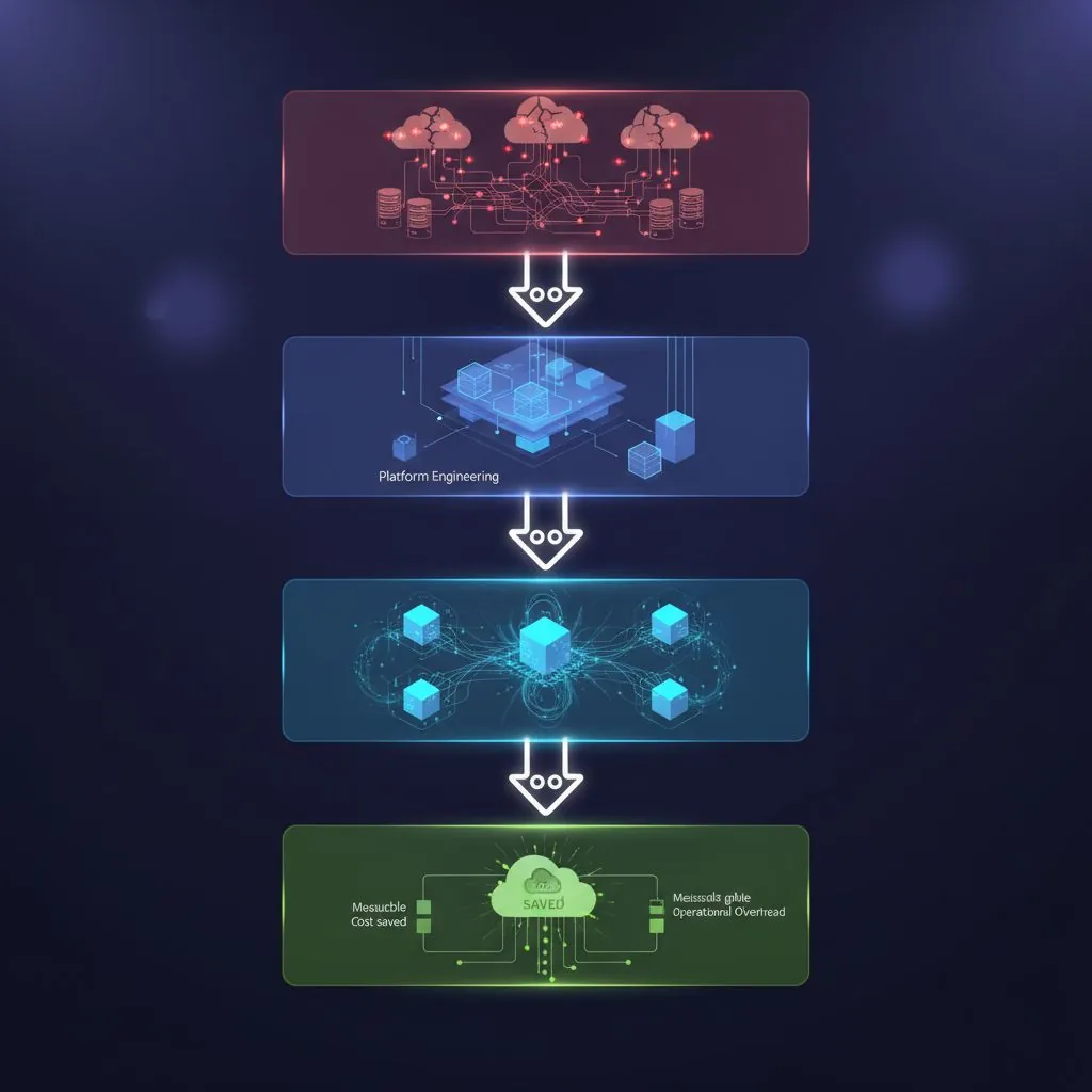 A complex network diagram illustrating interconnected microservices, with an AI bot icon overseeing and optimizing the flow.