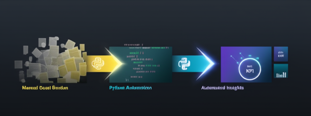 A person happily leaving a desk piled high with Excel spreadsheets while a Python script runs on a monitor