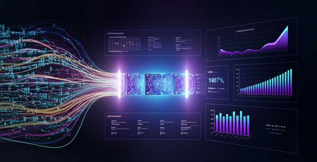 A split screen showing a person manually processing documents on one side and a sleek, automated data pipeline diagram on the other, symbolizing the shift from manual to automated workflows.