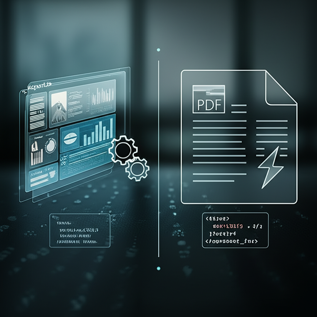 A visually appealing infographic comparing the features and benefits of different Python PDF generation libraries (ReportLab, FPDF, WeasyPrint) with icons representing complexity, flexibility, and performance.