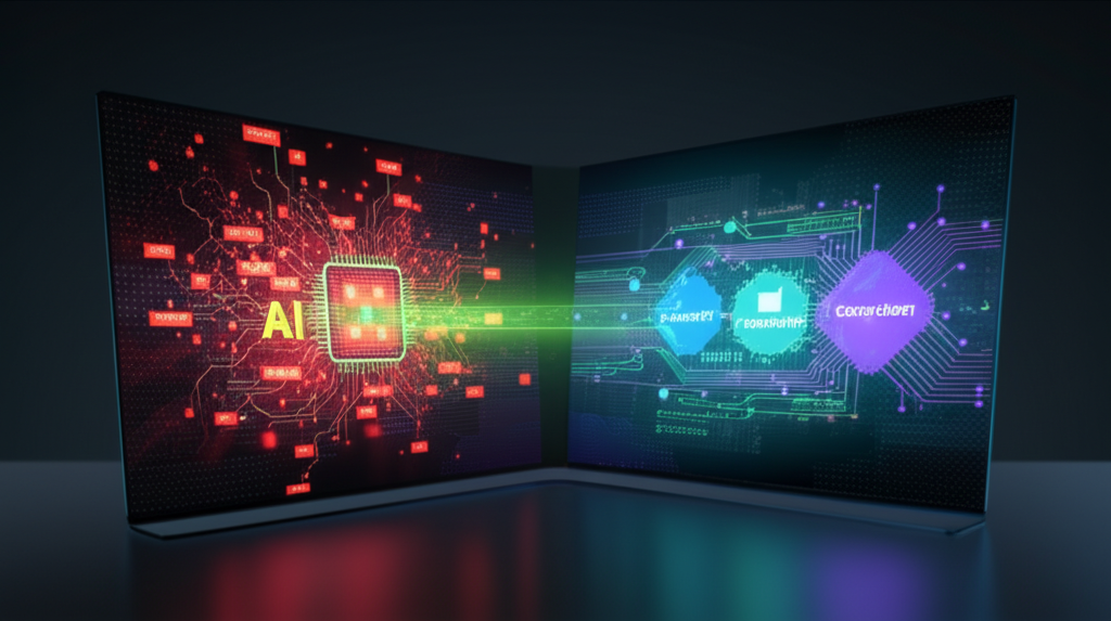 A corporate boardroom in 2026 with executives looking at a holographic display showing AI risk metrics and compliance regulations.