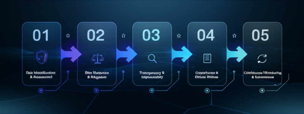 A corporate leader pointing at a whiteboard illustrating common pitfalls in Responsible AI implementation, such as data bias and lack of transparency.