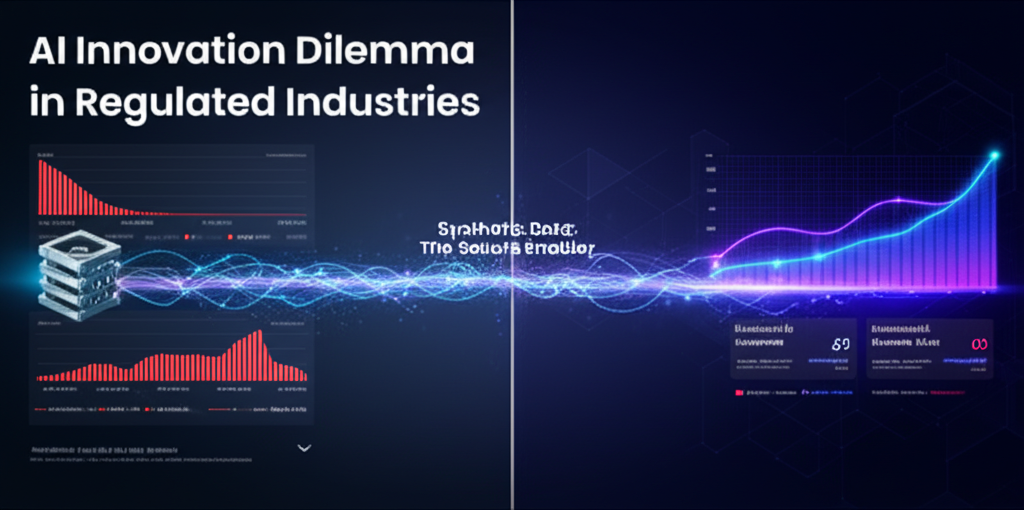 A stark contrast between a padlock representing data security and a rapidly growing AI graph, symbolizing the challenge of balancing innovation with compliance in regulated industries.