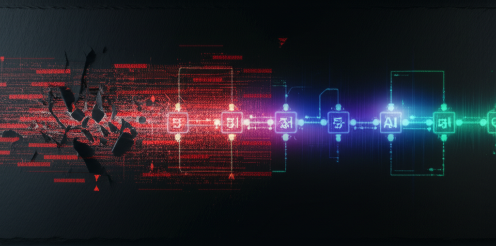 A futuristic city skyline with data streams and AI interfaces seamlessly integrated, symbolizing advanced AI automation.