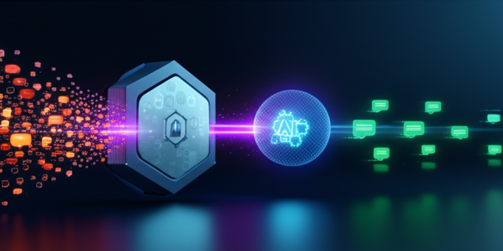 Overwhelmed customer service representative looking at a mountain of emails, contrasted with a streamlined AI chatbot icon