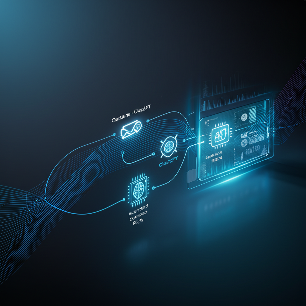 A workflow diagram showing Zapier connecting an email icon to a ChatGPT icon, then back to the email icon, with a human icon overseeing the process