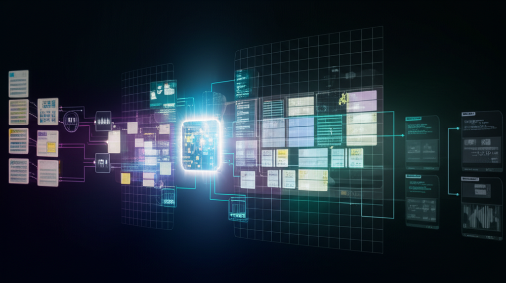 A futuristic cityscape with various interconnected digital services, symbolizing the expansion of AI automation beyond customer service