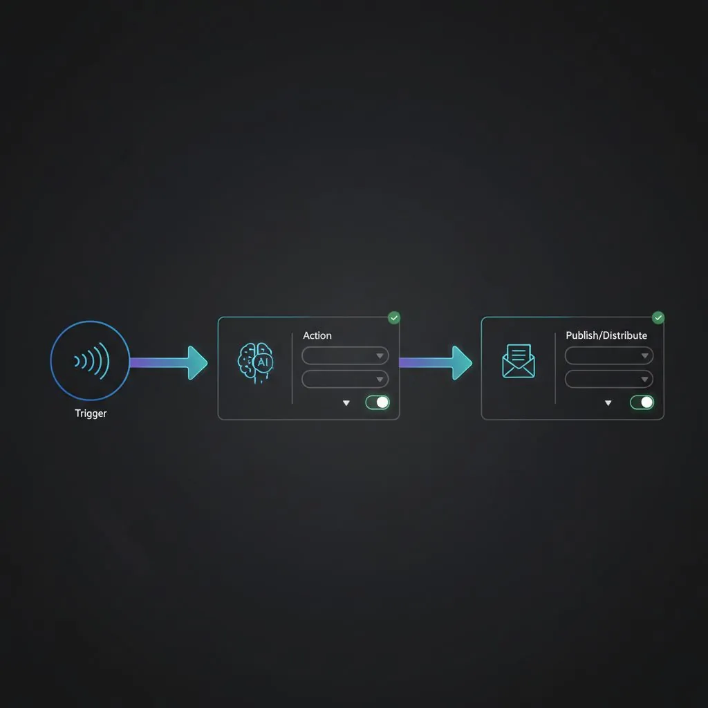 A futuristic digital interface showing various AI automation flows and data analytics