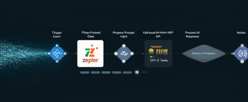 A flowchart diagram illustrating the data flow from a trigger application (e.g., Gmail) through Zapier, processing the prompt with ChatGPT, and then to an action application (e.g., Google Sheets).
