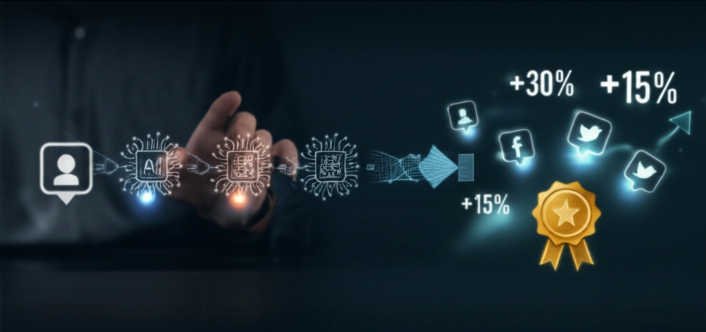 A dashboard showing various marketing KPIs (traffic, conversion, engagement) all trending upwards, with a person confidently looking at the screen, representing successful automation.