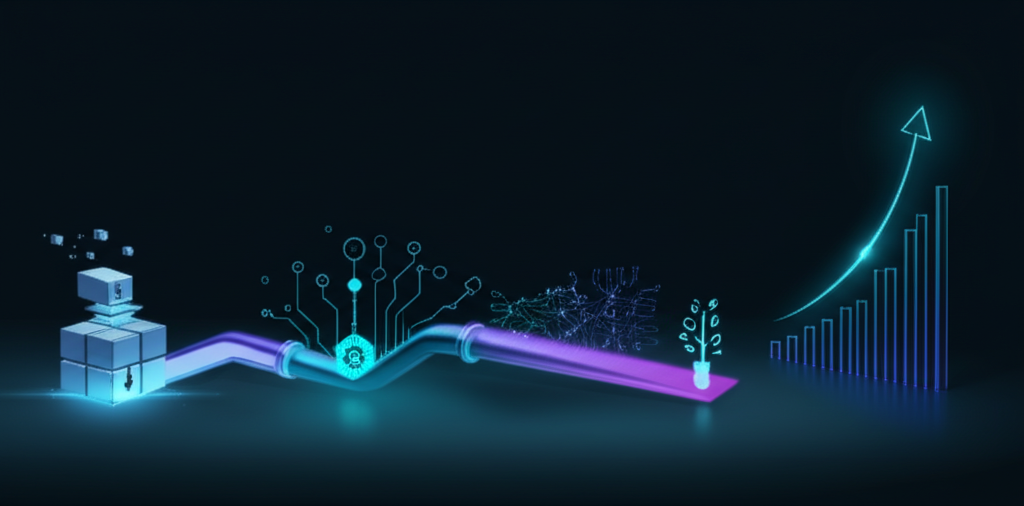 A conceptual image showing a futuristic office with automated systems and AI interfaces